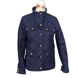 J Crew Size M Navy Blue Windbreaker Gold Snaps Safari Style Long Sleeve Preppy
